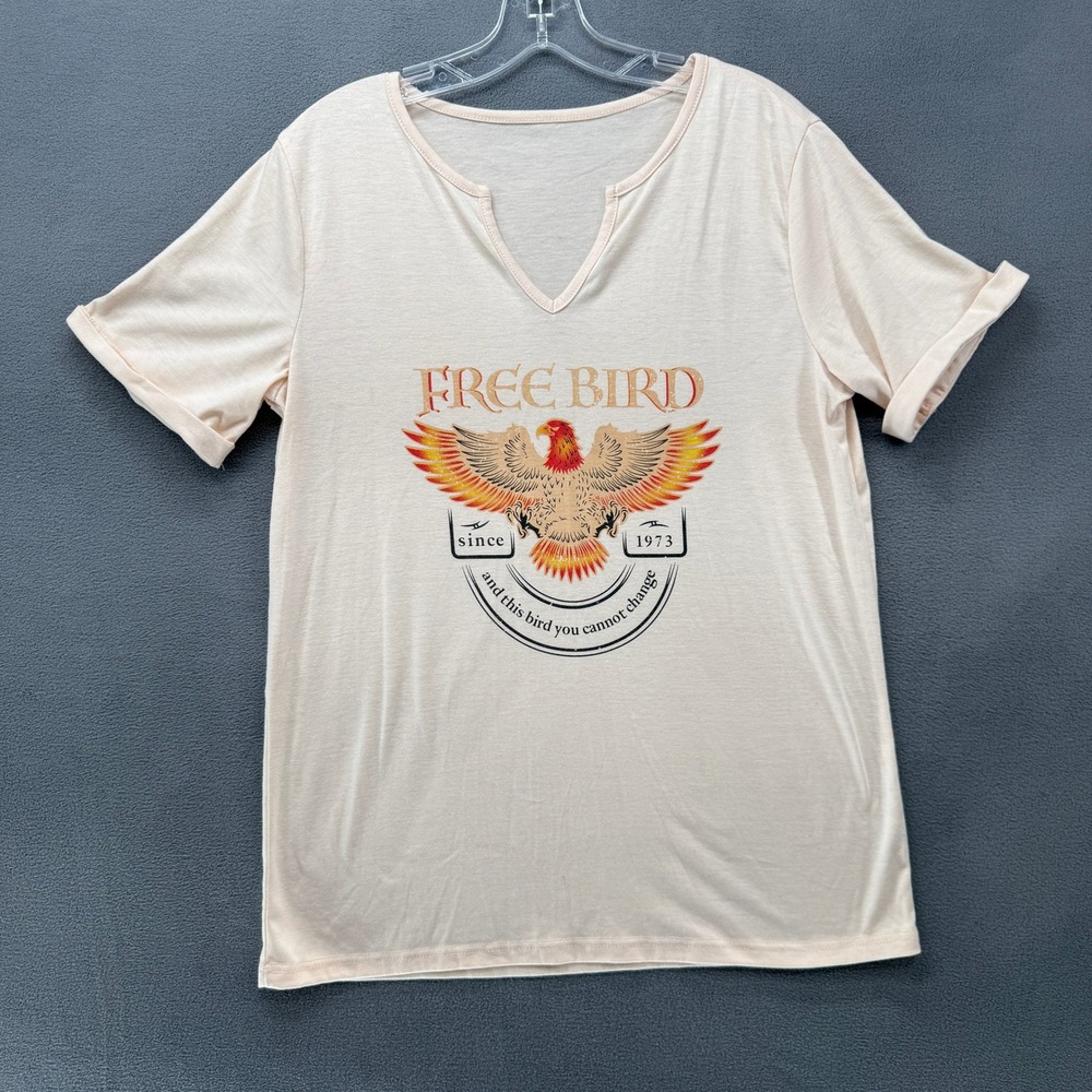 Free Bird Eagle T-Shirt Cream Split V-Neck Cuffed Sleeve Size Large - Picture 1 of 8
